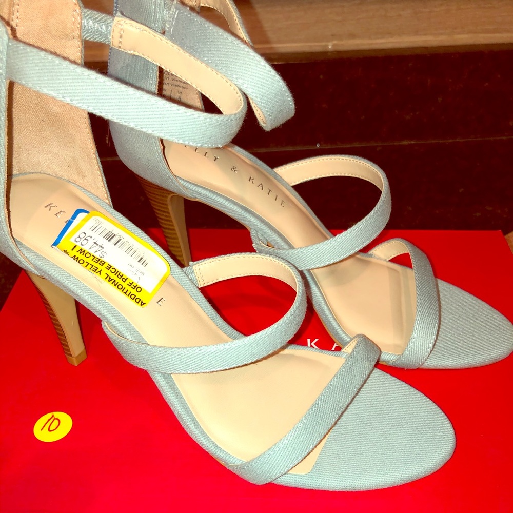 Light blue fabric heels.